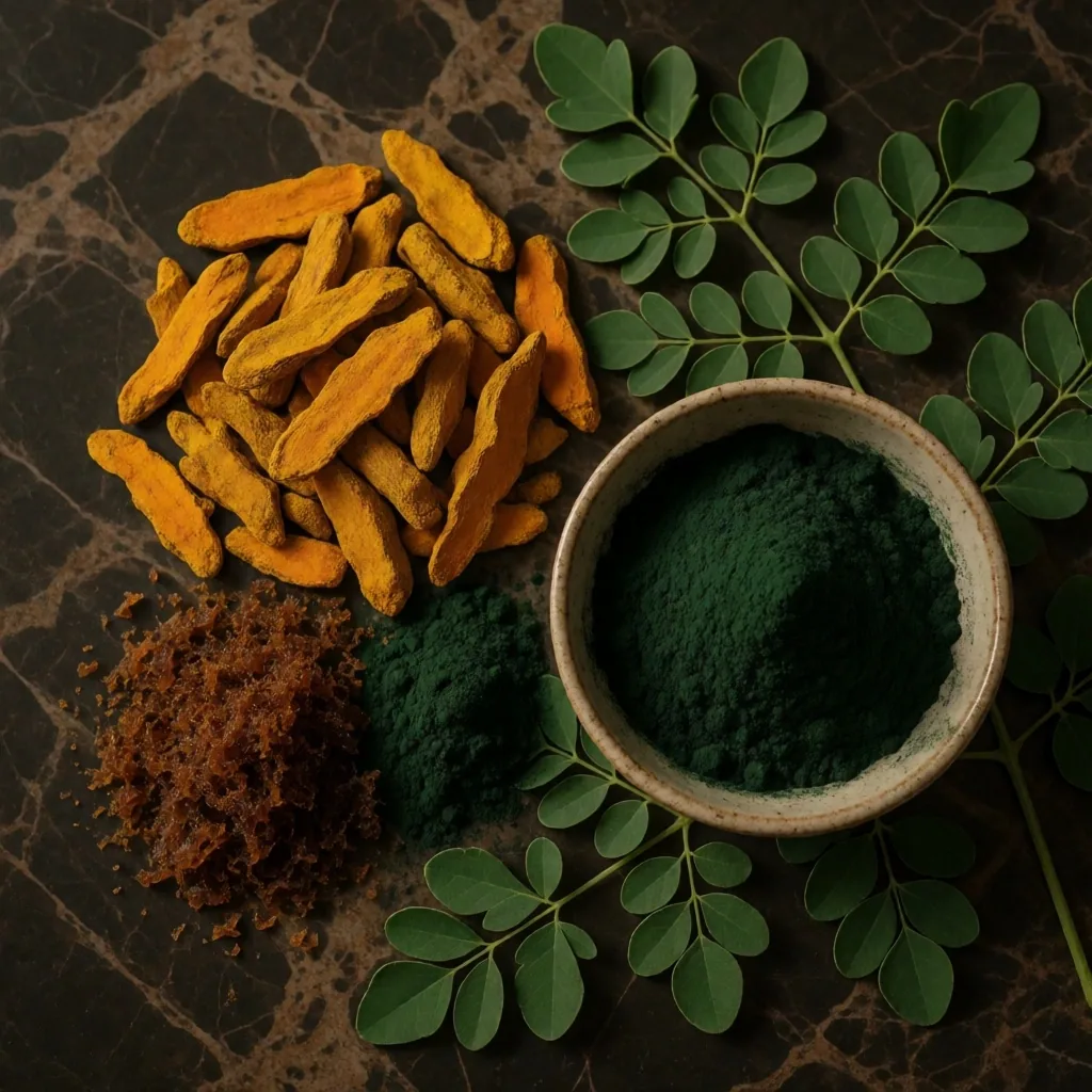 Natural supplement ingredients on marble surface