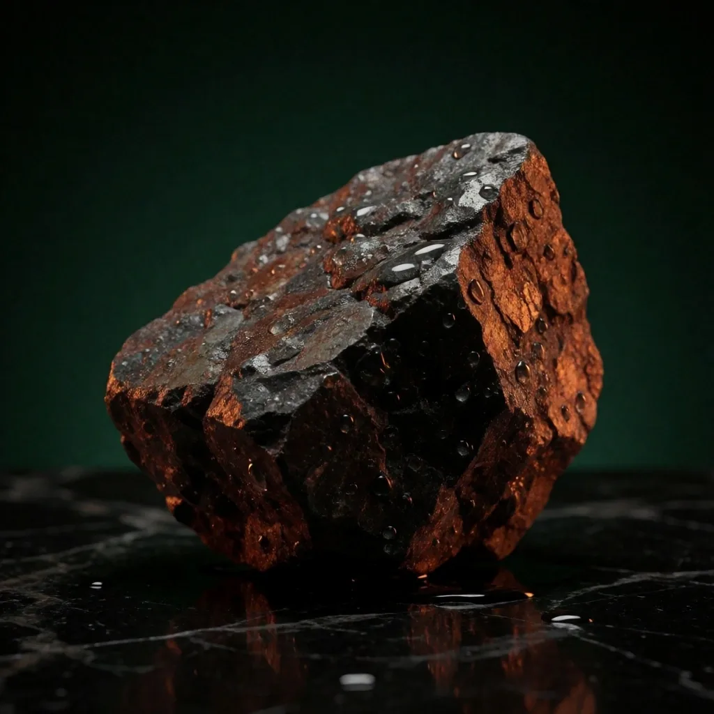 A dark mineral specimen resting on polished marble