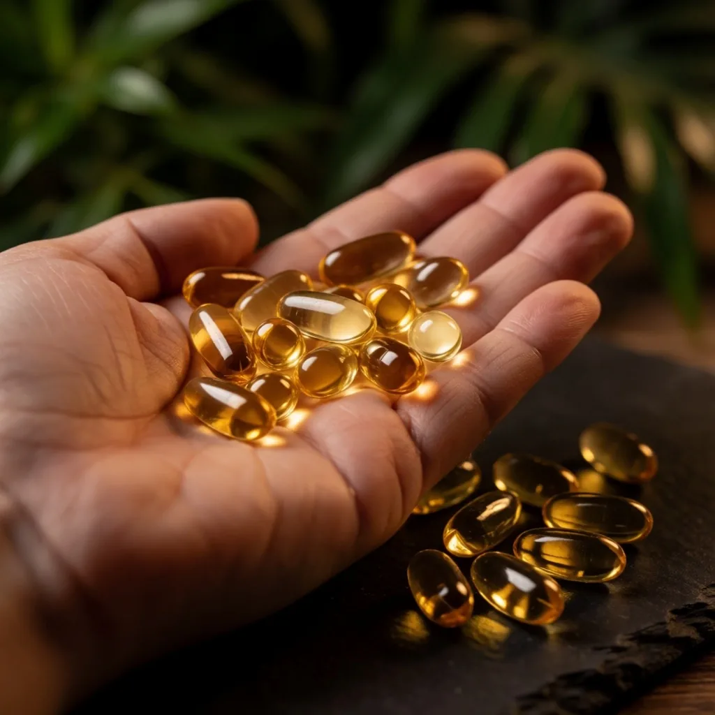 A handful of assorted supplement capsules resting on a dark stone surface
