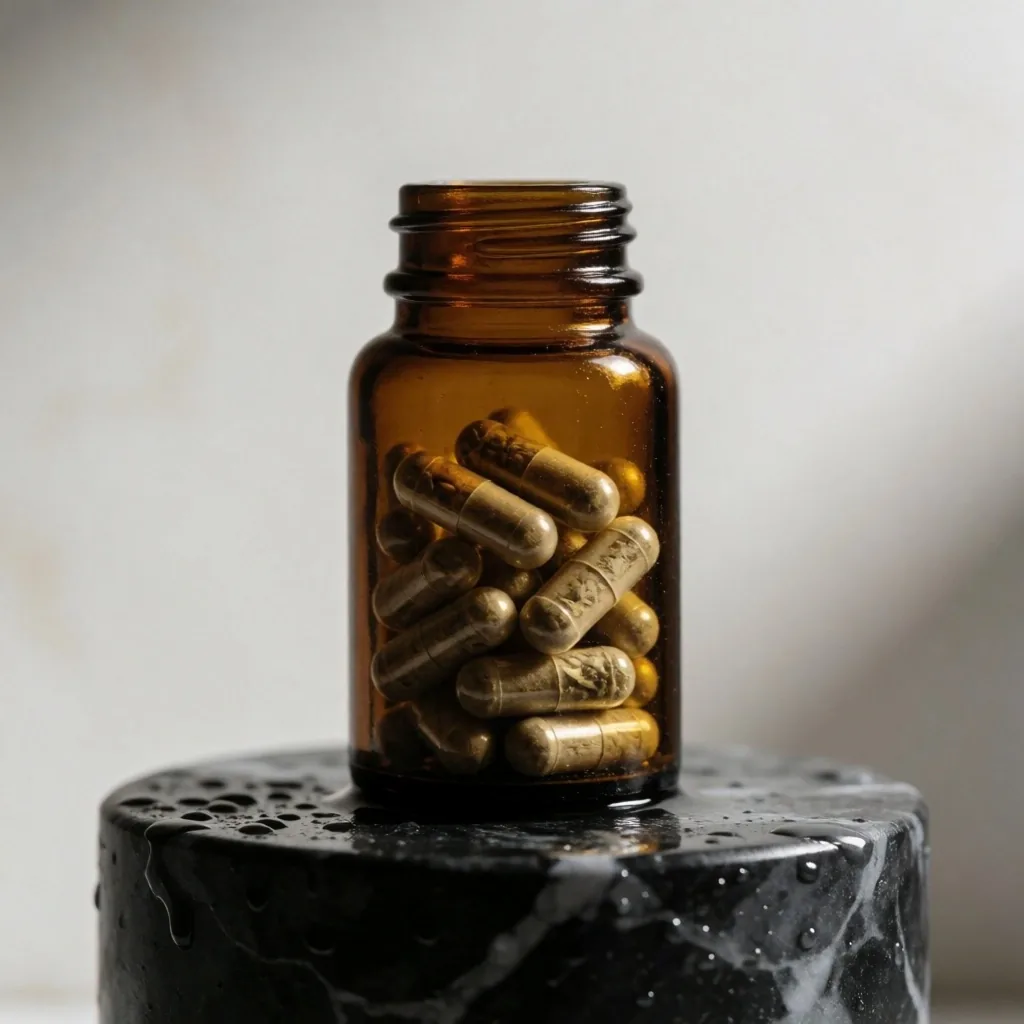 Natural supplement bottle on marble surface