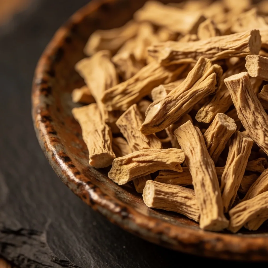 Dried ashwagandha root in a ceramic bowl