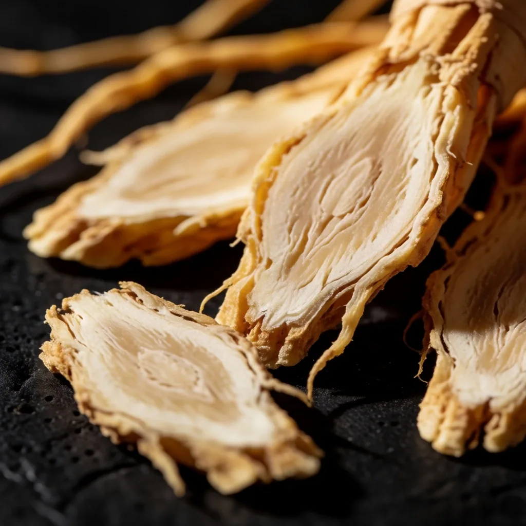 Ginseng root cross-sections on dark surface