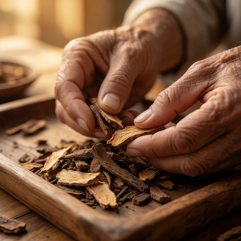 Hands sorting dried botanical herbs