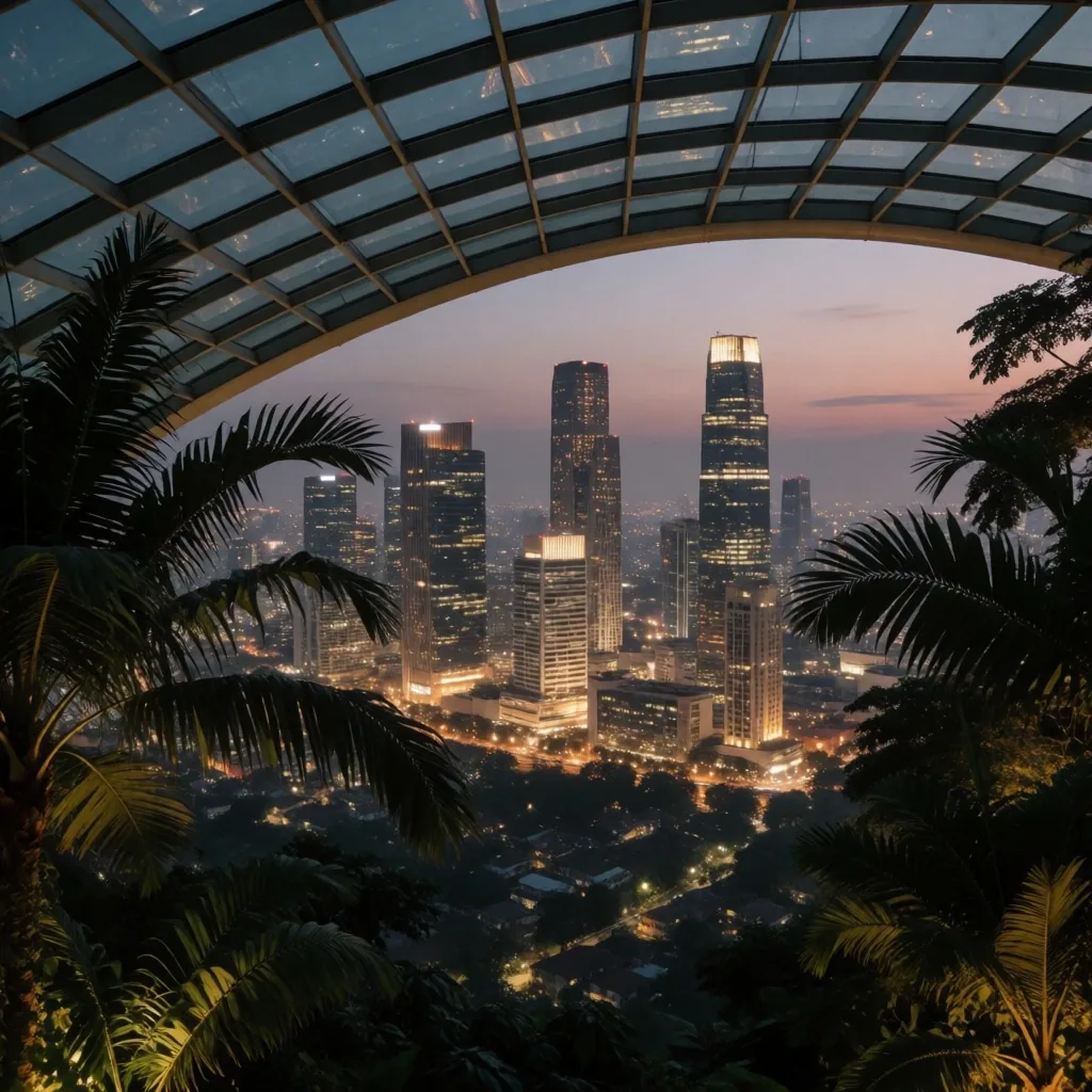 Jakarta skyline at dusk seen through a botanical conservatory glass roof