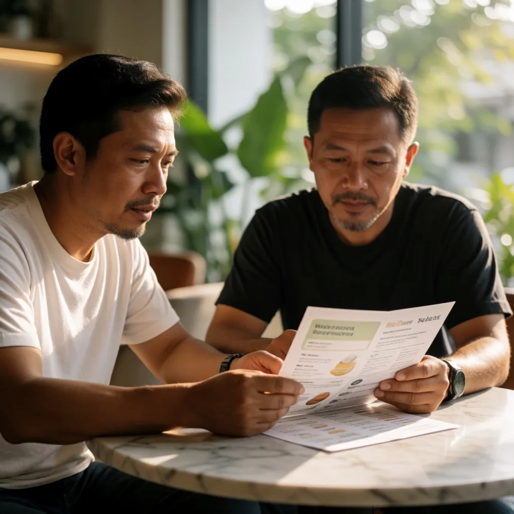 Two men reviewing a nutrition guide together in a Jakarta cafe